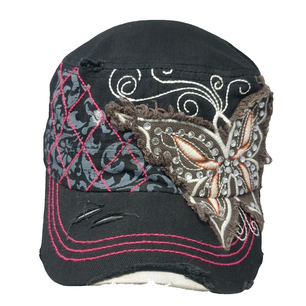 Leader Army Cap Black One Size Frayed Butterfly Rhinestone Filigree Patch Hat